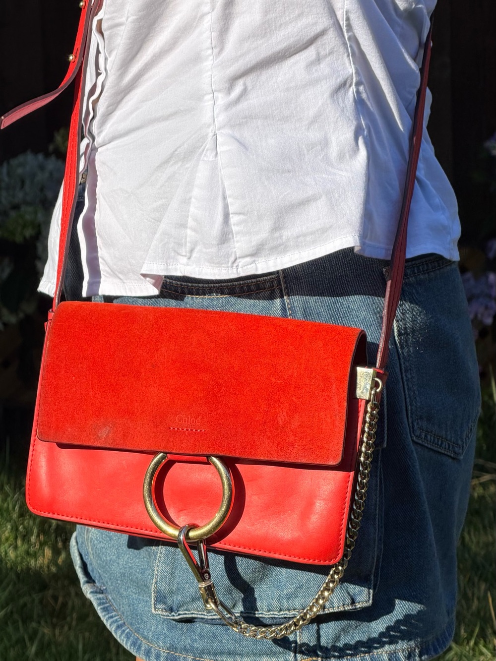 Chloe Red Leather and Suede Crossbody with Gold Ring
